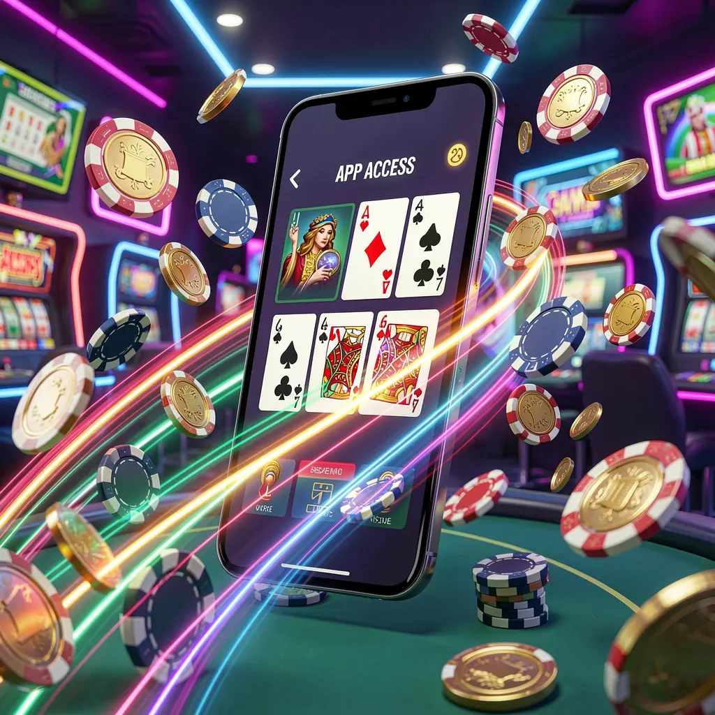 KL 777 fast casino app access visual showing a smartphone with speed light trails, coins and chips flying around against a modern neon casino background in a dynamic 3D render