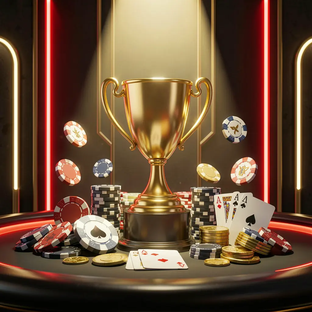 KL 777 casino tournament bonus concept featuring a golden trophy surrounded by poker chips, playing cards, and coins under a bright spotlight in a competitive luxury casino atmosphere with dark background and red and gold neon accents