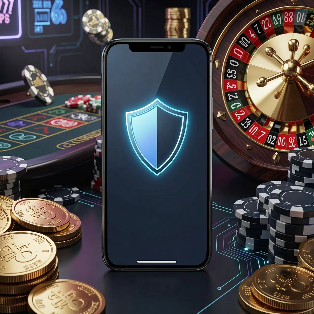 KL 777 secure mobile casino login screen showing a phone with a shield icon, roulette wheel, poker chips, and golden coins in a dark cyber luxury atmosphere