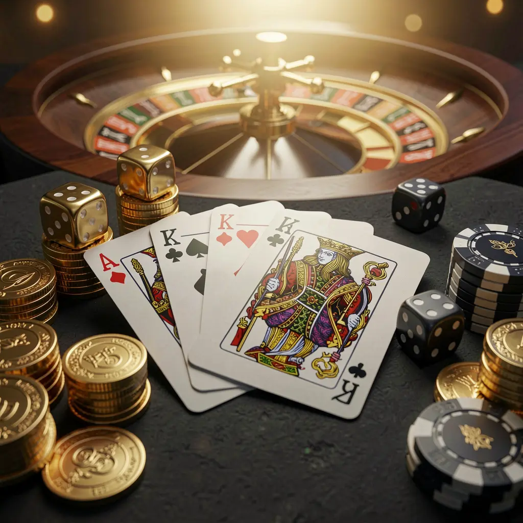 KL 777 elegant online casino homepage featuring royal flush cards, dice, golden coins, poker chips on a dark table with a glowing roulette wheel in the background in a cinematic 3D render
